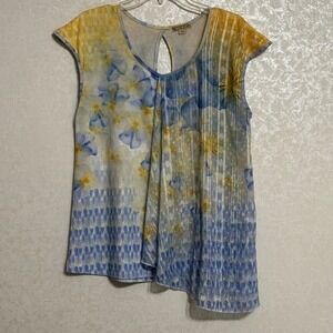 Energe World Wear XL Blue Yellow Pansy Floral Print‎ Top Cap Sleeve Blouse